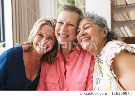 Diverse group of mature women smiling in living room at home indoors 116309973