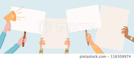 Various hands hold signs and placards during a protest. People with megaphones and blank banners demonstrate for rights and community support. Template for solidarity and strength in activism. Various hands hold signs and placards during a protest. People with megaphones and blank banners demonstrate for rights and community support. Template for solidarity and strength in activism. 116309974