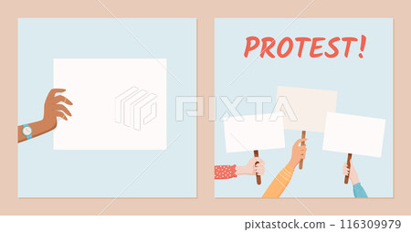 Diverse hands hold blank signs and round banners. Social media template portrays a protest scene with people showing solidarity and strength, demonstrating community support through their placards. 116309979