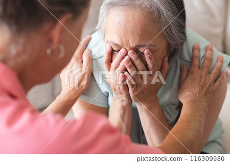 Asian senior woman covers her face as Caucasian senior woman comforts her 116309980