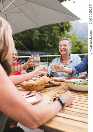 Group of diverse senior women enjoying drinks together at outdoor table Group of diverse senior women enjoying drinks together at outdoor table 116310027