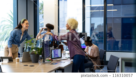 Diverse colleagues collaborating in modern office for a business start-up Diverse colleagues collaborating in modern office for a business start-up 116310057