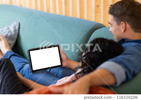 Diverse couple relaxing on couch, looking at tablet together, copy space Diverse couple relaxing on couch, looking at tablet together, copy space 116310206