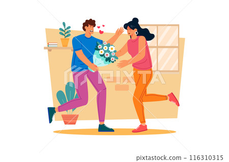 A man surprises his wife with a bouquet of flowers 116310315