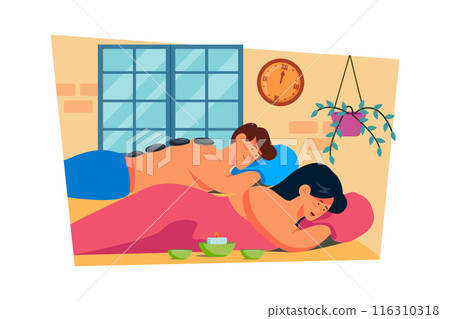 A couple spends the day pampering themselves with spa treatments and massages. 116310318