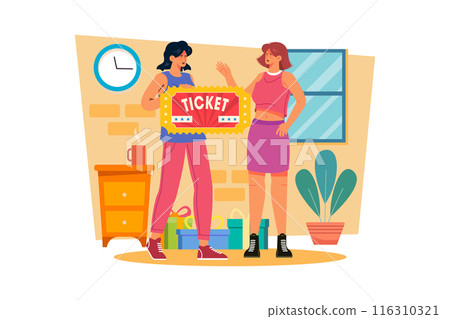 A woman surprises her partner with tickets to a show or concert as a special treat. A woman surprises her partner with tickets to a show or concert as a special treat. 116310321