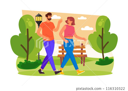 A couple takes a romantic walk in the park to celebrate the occasion. A couple takes a romantic walk in the park to celebrate the occasion. 116310322