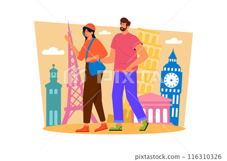 A couple spends the day exploring a new city or town together to create new memories. 116310326