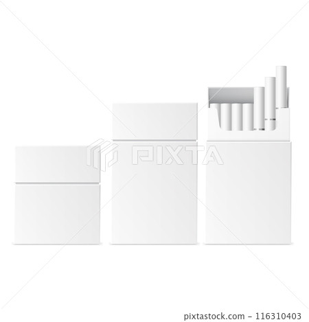 Three white, blank cigarette boxes with one open showing contents. Vector 116310403