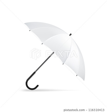 White umbrella with black handle, open and slightly tilted. Vector 116310413