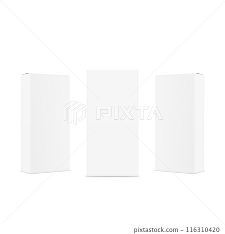Three white, blank rectangular boxes standing upright in a row. Vector Three white, blank rectangular boxes standing upright in a row. Vector 116310420