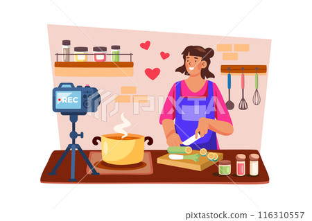 A food blogger films a recipe tutorial for their channel. A food blogger films a recipe tutorial for their channel. 116310557