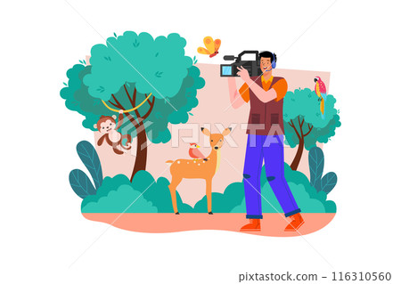 A wildlife videographer captures footage of animals in their natural habitat. A wildlife videographer captures footage of animals in their natural habitat. 116310560
