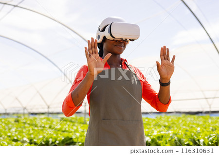 Farmer using VR headset while working in organic hydroponic vegetable greenhouse 116310631