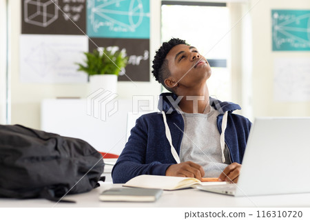 In school, African American male student sitting at desk with laptop, looking thoughtful, copy space In school, African American male student sitting at desk with laptop, looking thoughtful, copy space 116310720