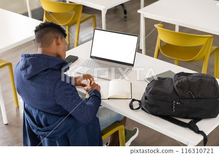 In school, male student using smartphone and laptop while sitting at desk, copy space In school, male student using smartphone and laptop while sitting at desk, copy space 116310721