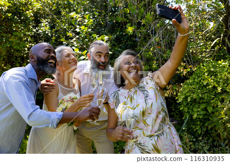 Celebrating with champagne, diverse group of senior friends taking selfie outdoors 116310935