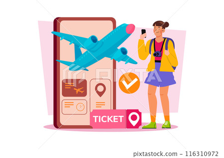 A woman buys plane tickets online to save money 116310972