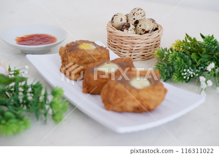 tofu filled with delicious quail eggs 116311022