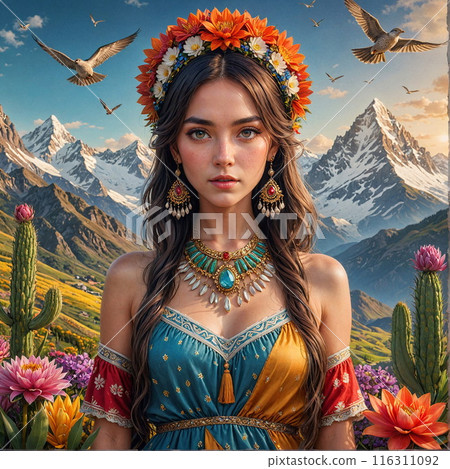 Pretty Girl with Flowers Crown in Cactus Field 116311092