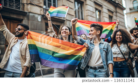 People holding rainbow flags  116311141
