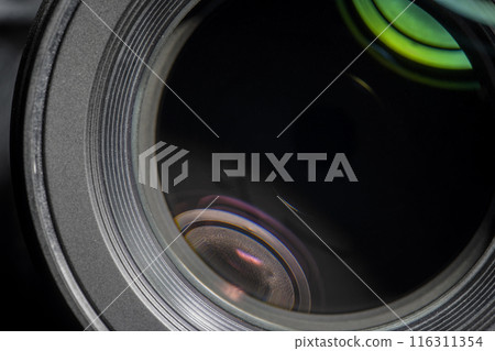 Closeup view of camera lens aperture 116311354