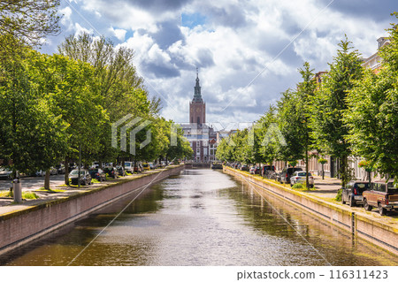 The clock tower of Great Church, or St James Church, in the Hague, Netherlands, Dutch 116311423