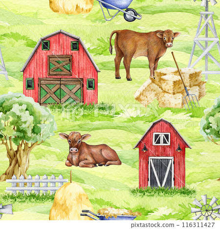 Farm life vintage style seamless pattern. Watercolor painted illustration. Hand dawn red barn, hay stack, cows, straw elements. Rancho scene with farm animals seamless pattern 116311427