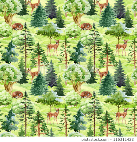 Reindeers in the forest seamless pattern. Watercolor vintage style illustration. Hand drawn deer animals in the woodland. Wildlife animals in the forest natural scene seamless pattern 116311428