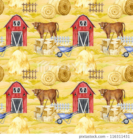 Farm life vintage style seamless pattern. Watercolor painted illustration. Hand dawn red barn, hay stack, cow, straw elements. Farm during harvest season seamless pattern 116311431