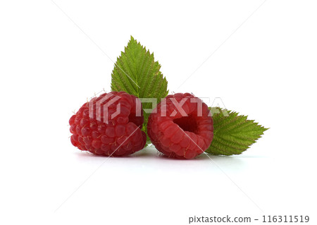 Fresh ripe raspberries with green leaves isolated on white background 116311519