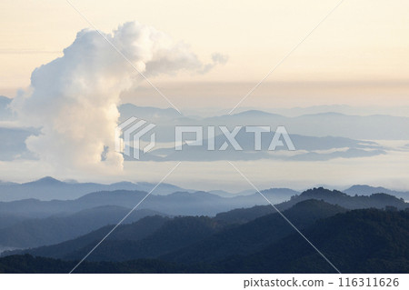 Landscape of Morning Mist with Mountain Layer at north of Thailand. mountain ridge and clouds in rural jungle bush fores Landscape of Morning Mist with Mountain Layer at north of Thailand. mountain ridge and clouds in rural jungle bush fores 116311626