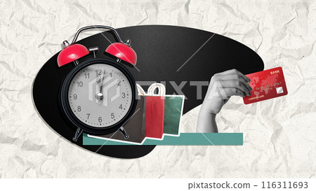 A human hand holding a credit card with shopping bags and an alarm clock A human hand holding a credit card with shopping bags and an alarm clock 116311693