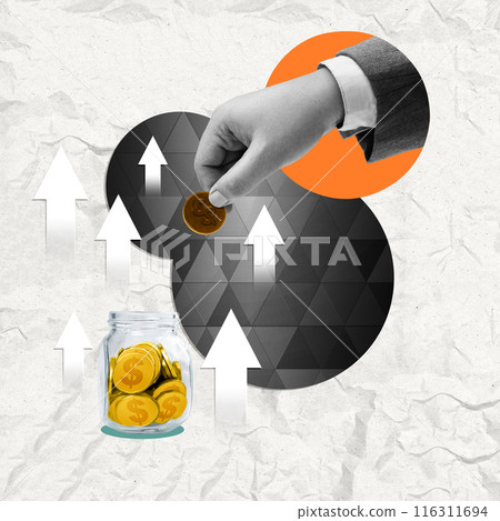 Businessman saving money in glass jar for future investment Businessman saving money in glass jar for future investment 116311694