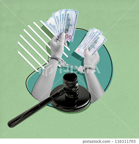 Criminal holding bribe money in handcuffed hands with gavel in contemporary art collage 116311703