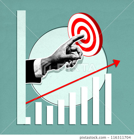 Businessman pointing at target with growing chart representing business success 116311704