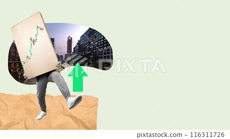 Businessman carrying growing chart through financial district with upward green arrow 116311726