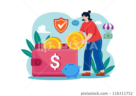 Woman puts money in her purse 116311752