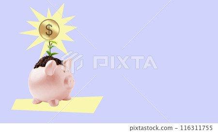 Piggy bank with a growing leaf and a dollar golden coin above it 116311755