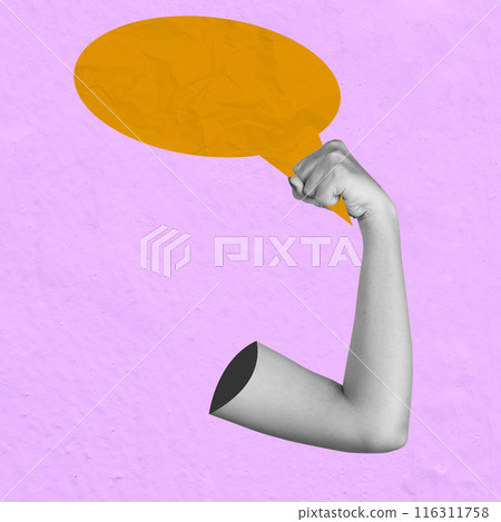 The human hand shows his arm while holding an empty bubble speech 116311758