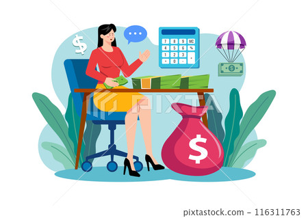 Woman counts the money she earns 116311763