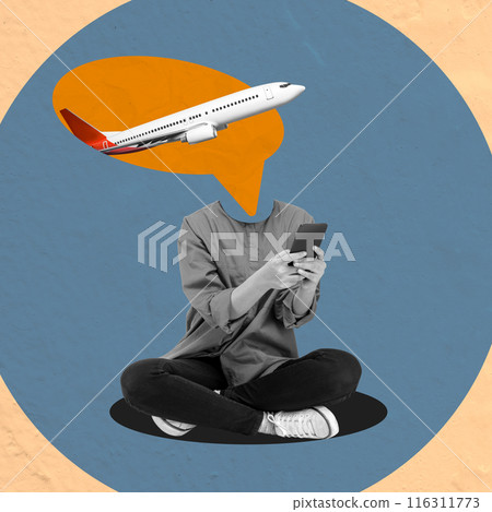 Women with a head of speech bubble think of traveling in an airplane while holding a mobile phone Women with a head of speech bubble think of traveling in an airplane while holding a mobile phone 116311773