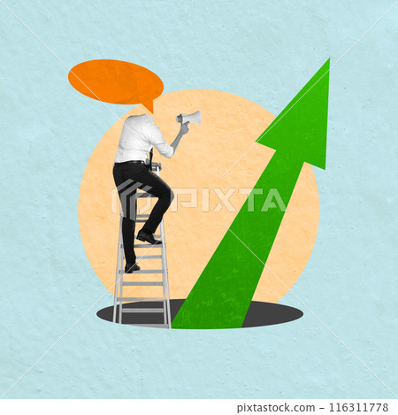 A businessman with an empty speech bubble head holding a megaphone looking at a rising arrow 116311778