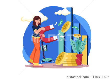 Woman Attracts Money Magnetically Illustration concept on white background Woman Attracts Money Magnetically Illustration concept on white background 116311896