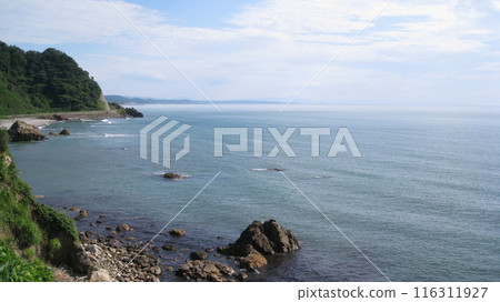 The blue Sea of Japan and the green cape on the coast during a clear day in the rainy season The blue Sea of Japan and the green cape on the coast during a clear day in the rainy season 116311927