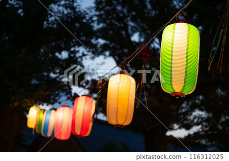 Colorful lanterns hanging in the shrine grounds Colorful lanterns hanging in the shrine grounds 116312025