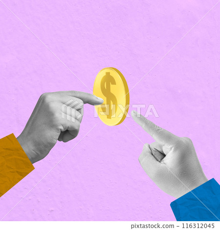 A human hand reaches for a golden dollar coin A human hand reaches for a golden dollar coin 116312045