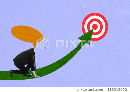 A businessman with an empty speech bubble head is ready to run in an increased arrow to reach the target 116312050