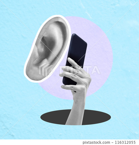 Hands holding a smartphone with an ear beside it Hands holding a smartphone with an ear beside it 116312055