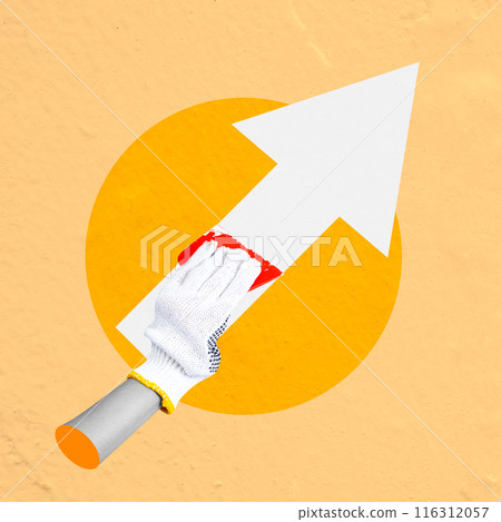 A human hand in a protective glove holding a scraper paint with a raising arrow symbol A human hand in a protective glove holding a scraper paint with a raising arrow symbol 116312057